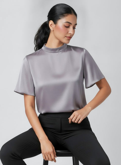 Purple High Neck Flared Satin Top