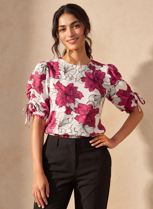 Red Floral Printed Sleeve Gathered Detail Top
