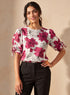 Red Floral Printed Sleeve Gathered Detail Top