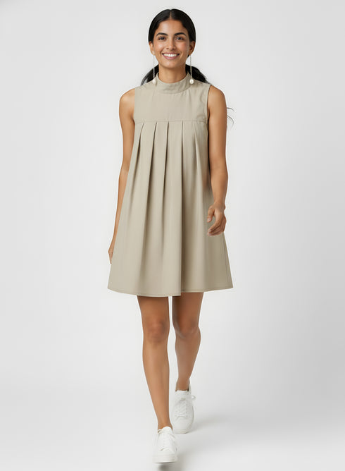 Khaki Green Pleated High Neck Dress