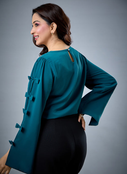 Chiffon Bow Dark Green Top