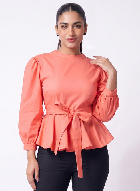 Peach Peplum Waist Tie Top