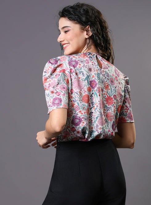 Pink Floral Printed Front Knot Top