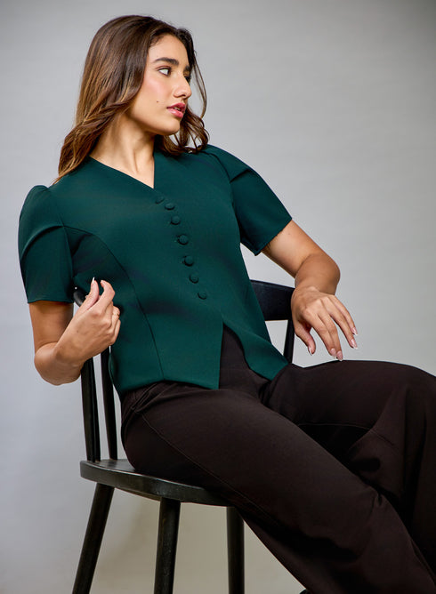 Buttoned Front Sleeve Green Top