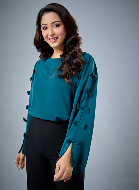 Chiffon Bow Dark Green Top