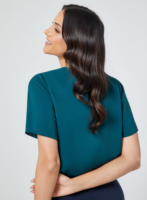 Pleated Short Sleeve Chiffon Green Top