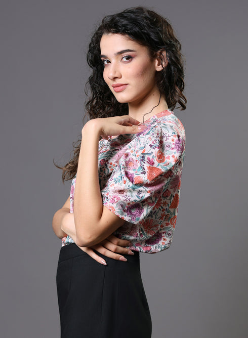 Pink Floral Printed Front Knot Top