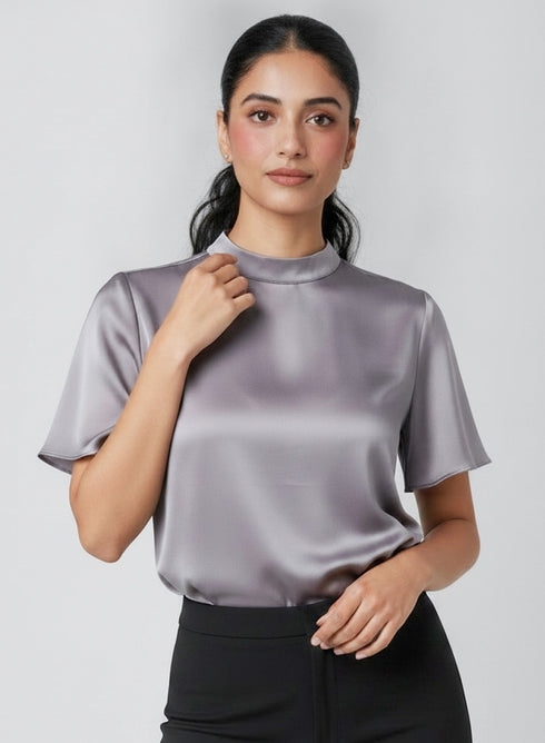 Purple High Neck Flared Satin Top