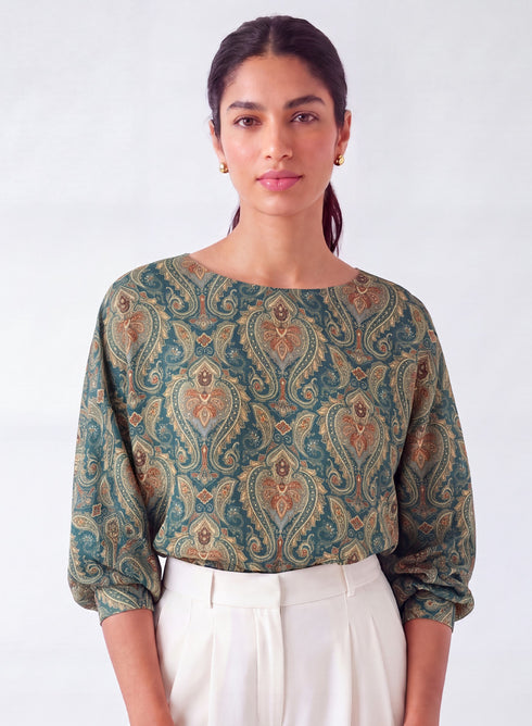 Green Printed Puffed Sleeve Top