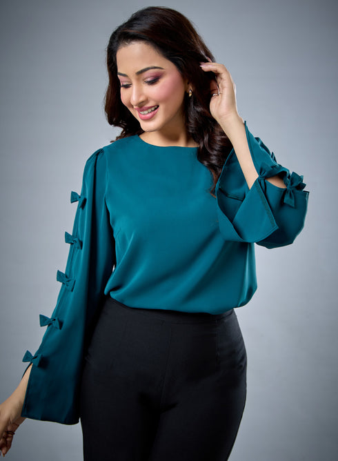 Chiffon Bow Dark Green Top