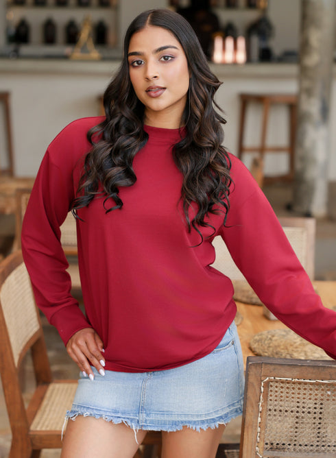 Long Sleeve Crew Neck Maroon T-Shirt