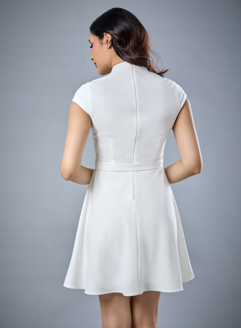 Short Sleeve Off White Belted Dress