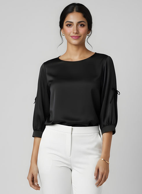 Black Side Bow Sleeve Solid Top