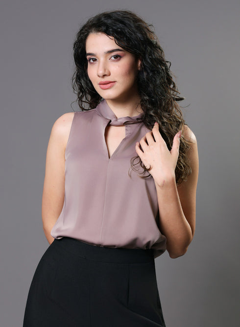 Twisted Neck Sleeveless Top - Plum Brown