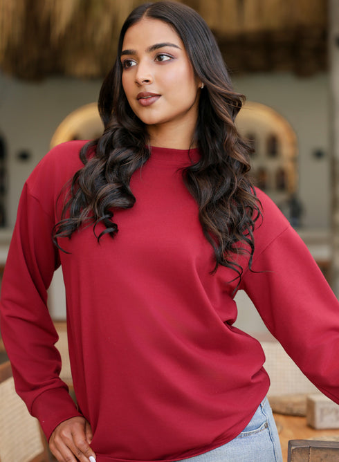 Long Sleeve Crew Neck Maroon T-Shirt