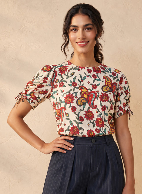 Red Printed Sleeve Tucked Detail Top