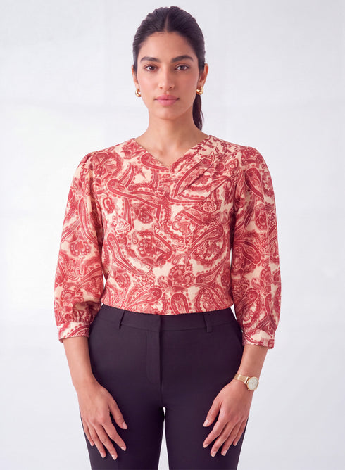 Red Printed Slanted Pleated Top