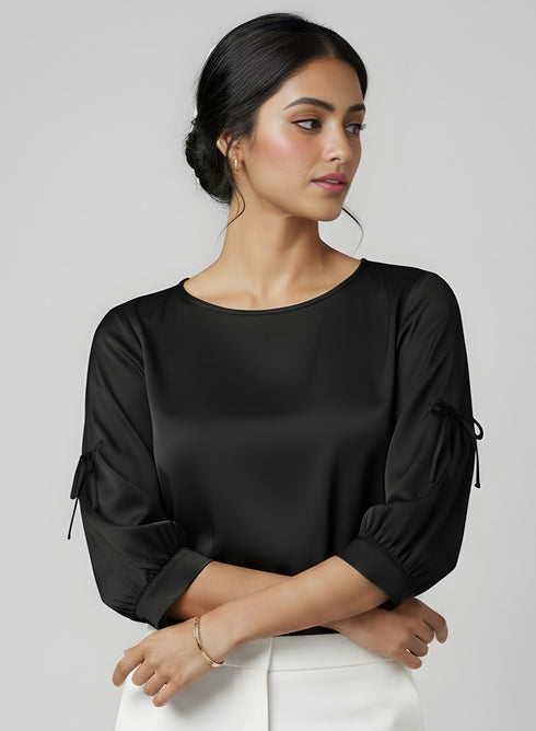 Black Side Bow Sleeve Solid Top