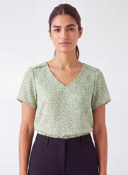 Light Green V Neck Printed Top