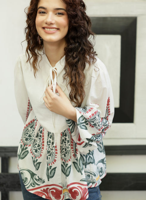 Balloon Sleeve Block Printed Tie Up Top