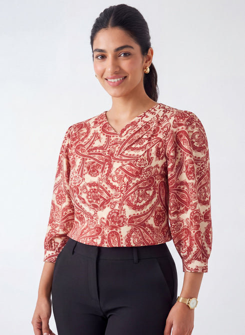 Red Printed Slanted Pleated Top