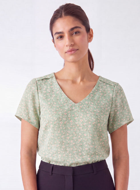 Light Green V Neck Printed Top
