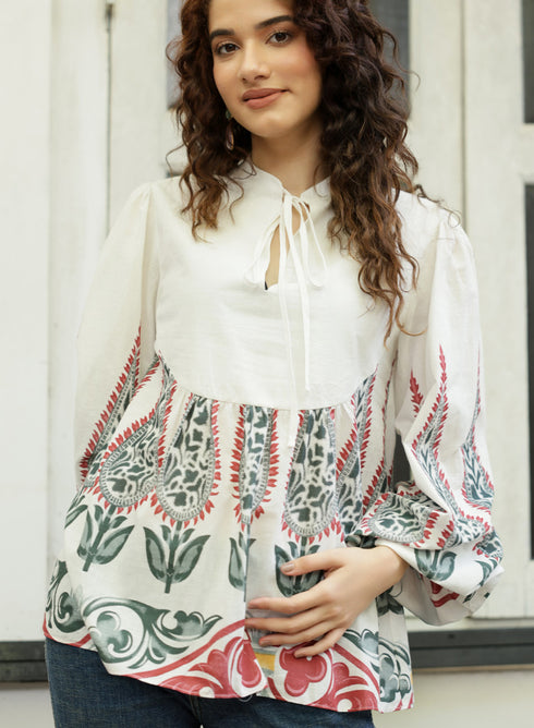 Balloon Sleeve Block Printed Tie Up Top