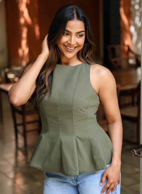 Classic Green Sleeveless Cotton Peplum Top