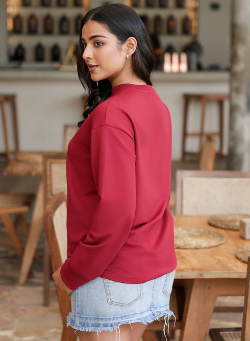 Long Sleeve Crew Neck Maroon T-Shirt