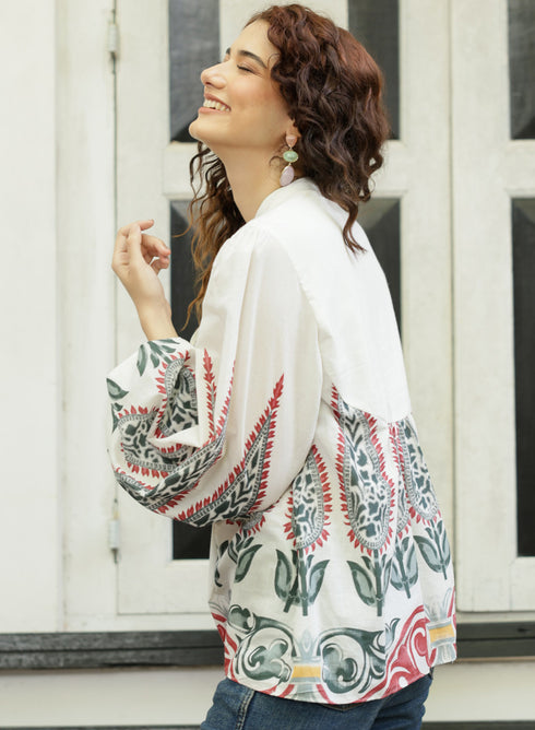 Balloon Sleeve Block Printed Tie Up Top