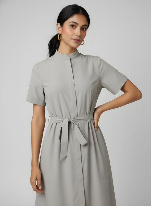 Beige Round Neck Shirt Dress