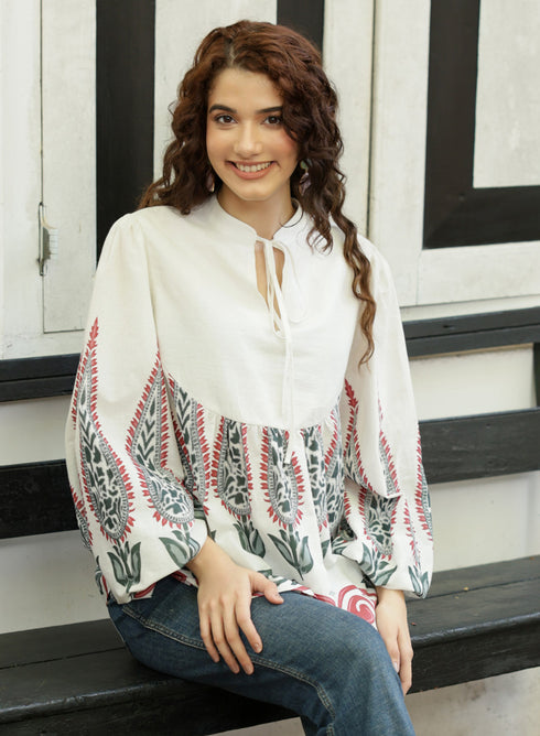Balloon Sleeve Block Printed Tie Up Top
