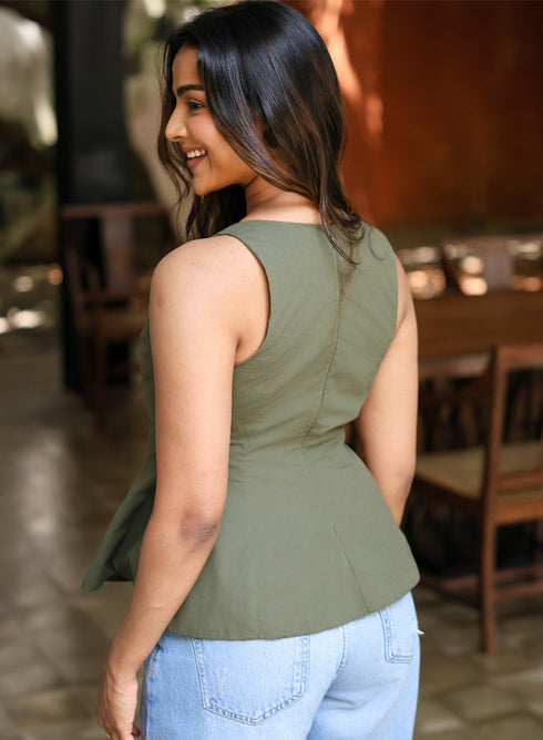 Classic Green Sleeveless Cotton Peplum Top