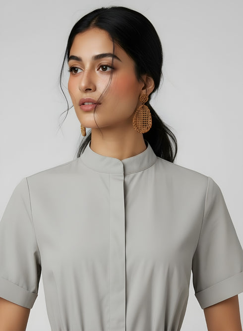 Beige Round Neck Shirt Dress