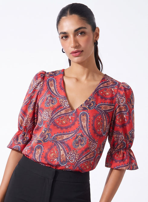 Paisley Printed V Neck Half Sleeve Top