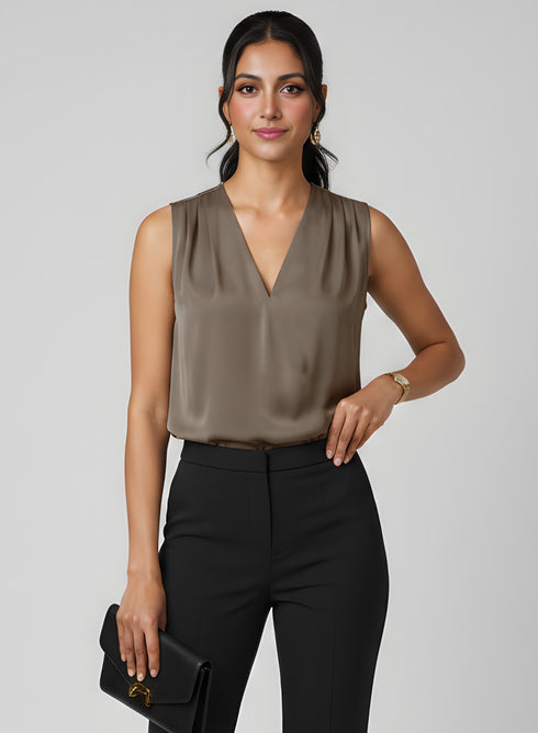 Light Brown Sleeveless Shoulder Pleated Top