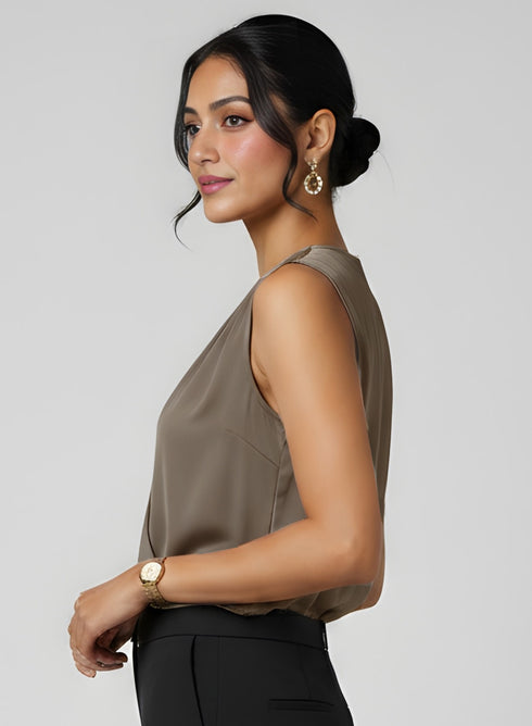 Light Brown Sleeveless Shoulder Pleated Top