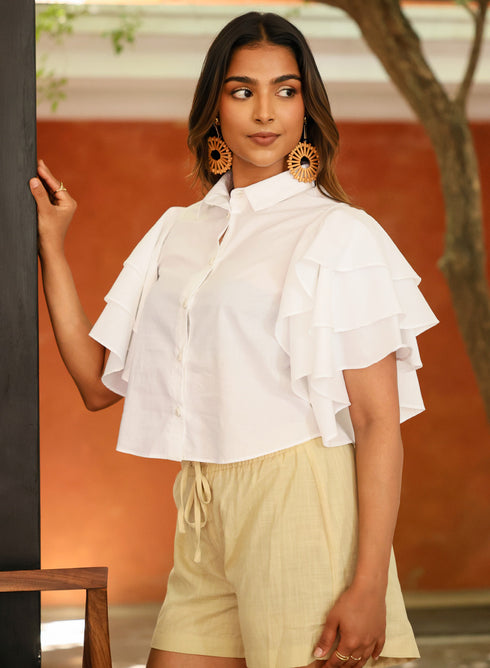Frilled Cotton Shirt Top White