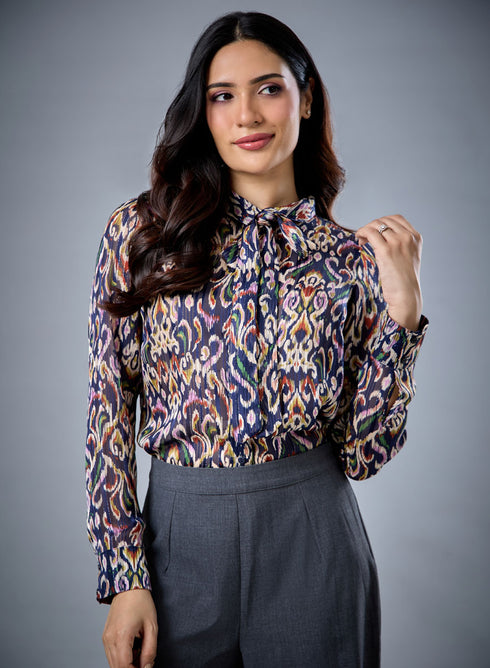 Neck Tie Long Sleeve Blue Top