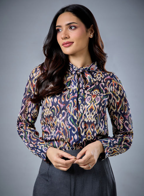 Neck Tie Long Sleeve Blue Top