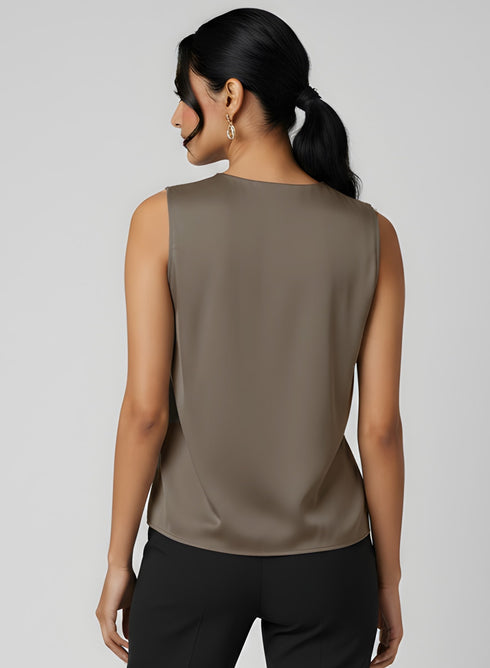 Light Brown Sleeveless Shoulder Pleated Top