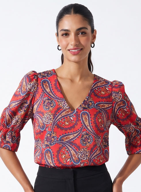 Paisley Printed V Neck Half Sleeve Top