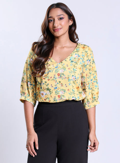 Printed Satin V Neck Top