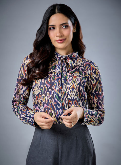 Neck Tie Long Sleeve Blue Top