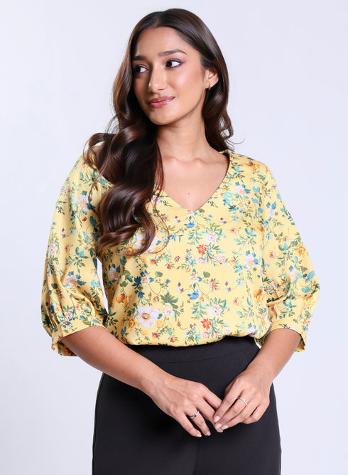 Printed Satin V Neck Top
