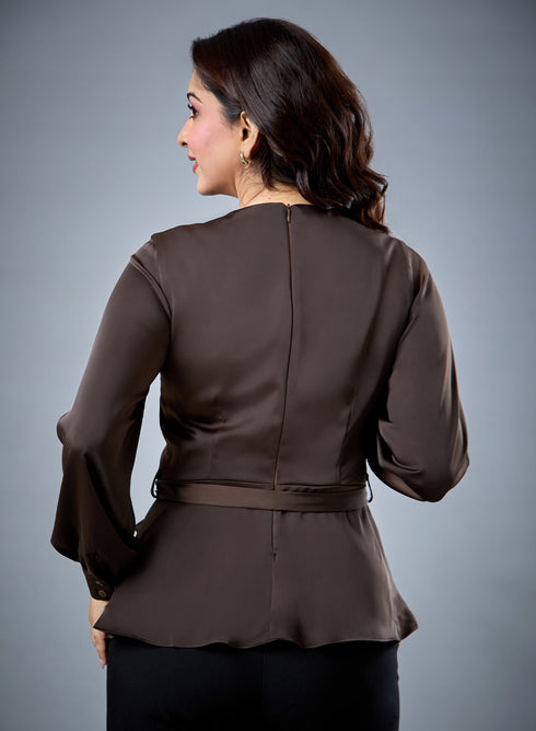Peplum Waist Tie Brown Top