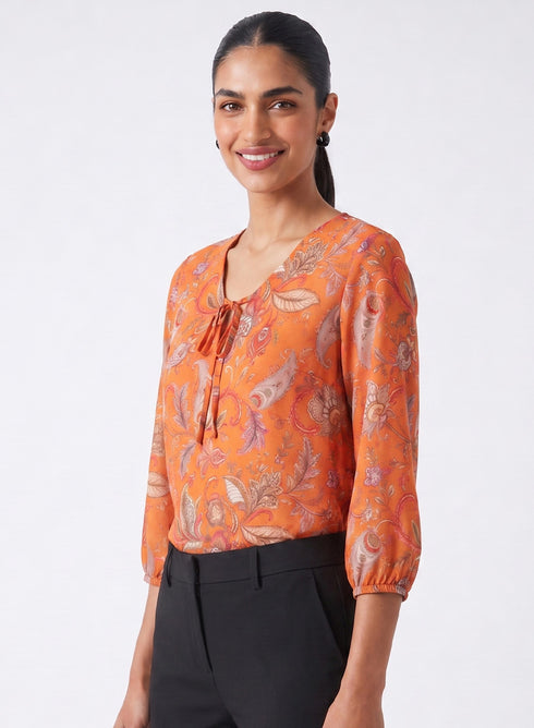 Orange Printed Deep V Neck Top
