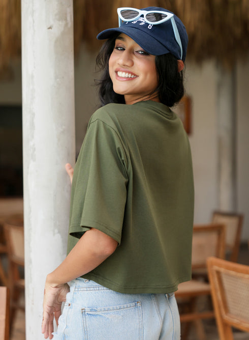 Oversized Crop Style Khaki Green T-Shirt