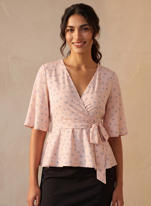 Pink Printed Sleeve Flared Peplum Top