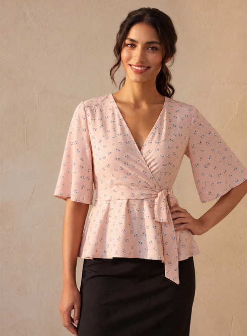 Pink Printed Sleeve Flared Peplum Top